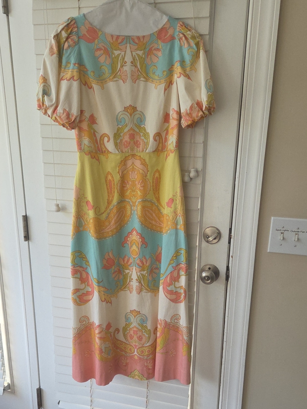 Paisley-Print Midi Dress in Pastel Yellow, Blue & Pink